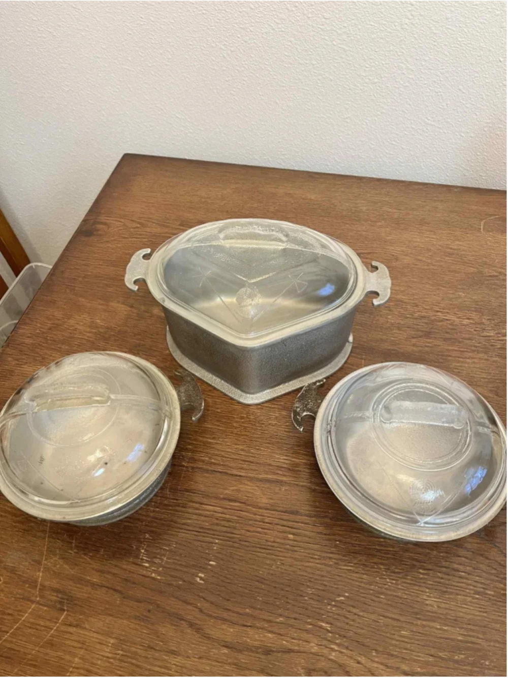 Guardian Service 3 Pc Casserole Lot Etched Glass Lids Round Triangular Hammered